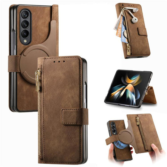 For Samsung Galaxy Z Fold4 Retro MagSafe Magnetic Zipper Wallet Leather Phone Case(Brown) - Galaxy Z Fold4 5G Cases by buy2fix | Online Shopping UK | buy2fix