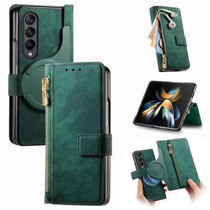 For Samsung Galaxy Z Fold4 Retro MagSafe Magnetic Zipper Wallet Leather Phone Case(Green) - Galaxy Z Fold4 5G Cases by buy2fix | Online Shopping UK | buy2fix