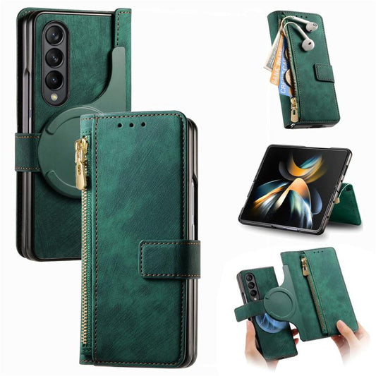 For Samsung Galaxy Z Fold4 Retro MagSafe Magnetic Zipper Wallet Leather Phone Case(Green) - Galaxy Z Fold4 5G Cases by buy2fix | Online Shopping UK | buy2fix