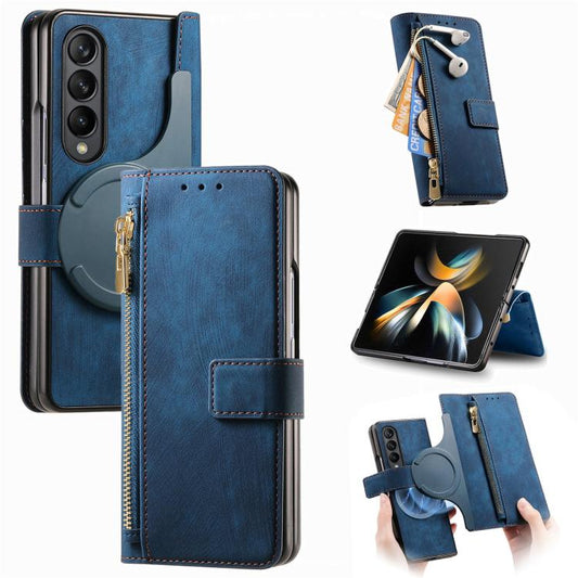 For Samsung Galaxy Z Fold4 Retro MagSafe Magnetic Zipper Wallet Leather Phone Case(Blue) - Galaxy Z Fold4 5G Cases by buy2fix | Online Shopping UK | buy2fix
