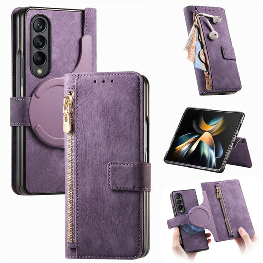 For Samsung Galaxy Z Fold4 Retro MagSafe Magnetic Zipper Wallet Leather Phone Case(Purple) - Galaxy Z Fold4 5G Cases by buy2fix | Online Shopping UK | buy2fix