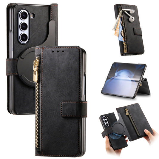 For Samsung Galaxy Z Fold6 5G Retro MagSafe Magnetic Zipper Wallet Leather Phone Case(Black) by buy2fix