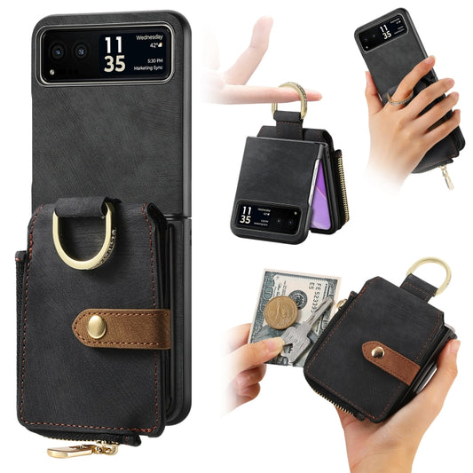 For Motorola Razr 40 Retro Skin-feel Ring Multi-card Wallet Phone Case(Black) - Motorola Cases by buy2fix | Online Shopping UK | buy2fix