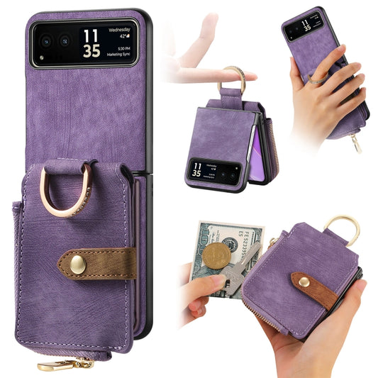 For Motorola Razr 40 Retro Skin-feel Ring Multi-card Wallet Phone Case(Purple) - Motorola Cases by buy2fix | Online Shopping UK | buy2fix