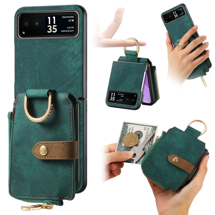For Motorola Razr 40 Retro Skin-feel Ring Multi-card Wallet Phone Case(Green) - Motorola Cases by buy2fix | Online Shopping UK | buy2fix
