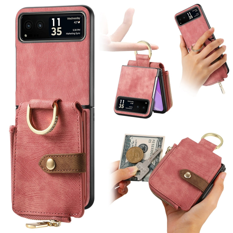 For Motorola Razr 40 Retro Skin-feel Ring Multi-card Wallet Phone Case(Pink) - Motorola Cases by buy2fix | Online Shopping UK | buy2fix
