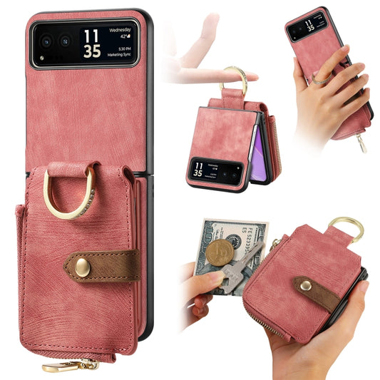 For Motorola Razr 40 Retro Skin-feel Ring Multi-card Wallet Phone Case(Pink) - Motorola Cases by buy2fix | Online Shopping UK | buy2fix