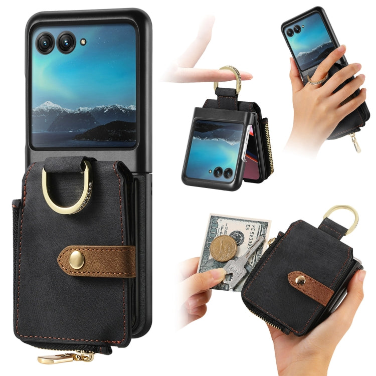 For Motorola Razr 40 Ultra Retro Skin-feel Ring Multi-card Wallet Phone Case(Black) - Motorola Cases by buy2fix | Online Shopping UK | buy2fix