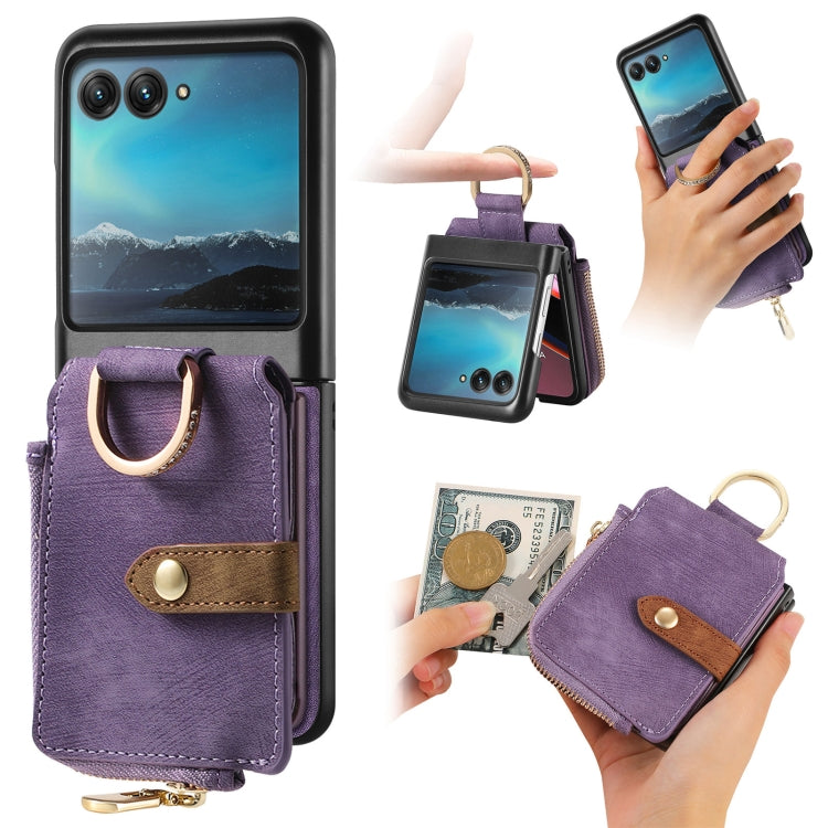 For Motorola Razr 40 Ultra Retro Skin-feel Ring Multi-card Wallet Phone Case(Purple) - Motorola Cases by buy2fix | Online Shopping UK | buy2fix