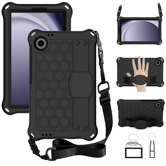 For Samsung Galaxy Tab A11 / A9 Honeycomb EVA Hybrid PC Tablet Case with Strap(Black+Black)