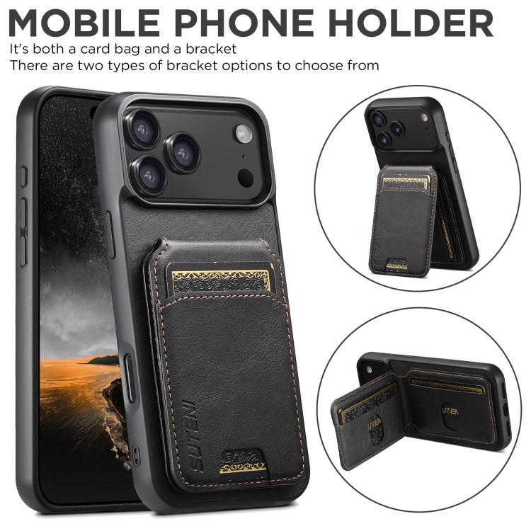 For iPhone 17 Suteni H02 Leather Wallet Stand Back Phone Case(Black) - iPhone 17 Cases by Suteni | Online Shopping UK | buy2fix