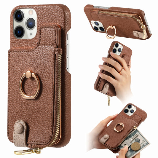 For iPhone 11 Pro Litchi Leather Oil Edge Ring Zipper Wallet Back Phone Case(Brown) - iPhone 11 Pro Cases by buy2fix | Online Shopping UK | buy2fix