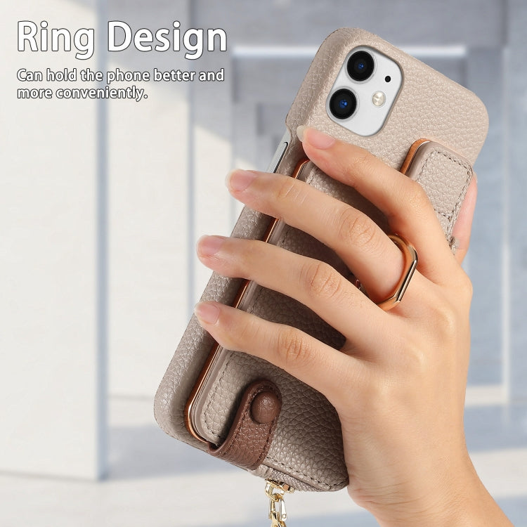 For iPhone 12 mini Litchi Leather Oil Edge Ring Zipper Wallet Back Phone Case(Khaki) - iPhone 12 mini Cases by buy2fix | Online Shopping UK | buy2fix