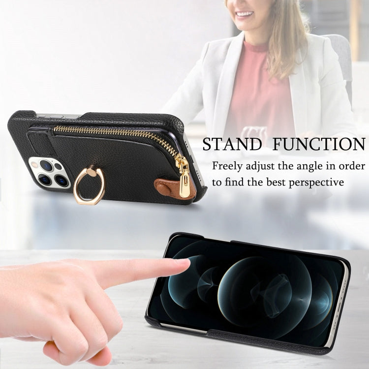 For iPhone 12 Pro Max Litchi Leather Oil Edge Ring Zipper Wallet Back Phone Case(Black) - iPhone 12 Pro Max Cases by buy2fix | Online Shopping UK | buy2fix