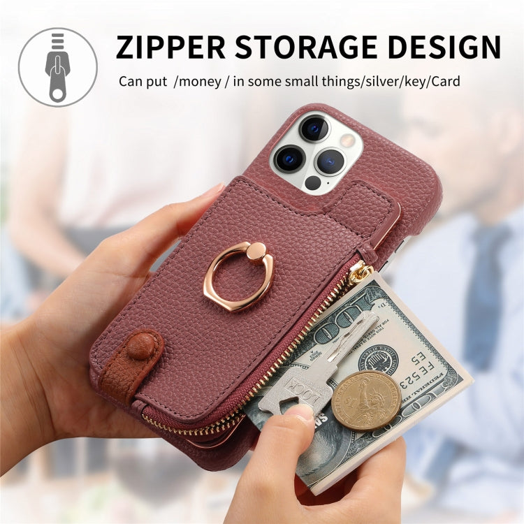 For iPhone 12 Pro Litchi Leather Oil Edge Ring Zipper Wallet Back Phone Case(Jujube Apricot) - iPhone 12 / 12 Pro Cases by buy2fix | Online Shopping UK | buy2fix