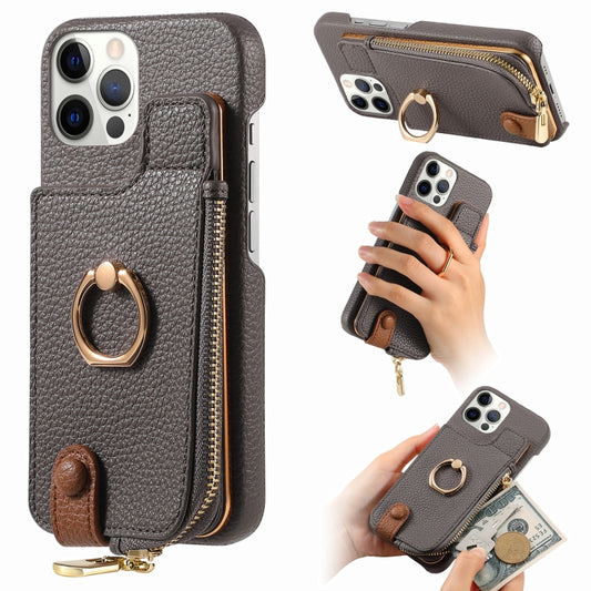 For iPhone 12 Pro Litchi Leather Oil Edge Ring Zipper Wallet Back Phone Case(Grey) - iPhone 12 / 12 Pro Cases by buy2fix | Online Shopping UK | buy2fix
