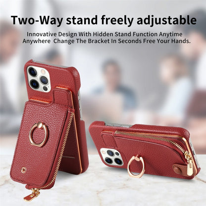 For iPhone 12 Pro Litchi Leather Oil Edge Ring Zipper Wallet Back Phone Case(Red) - iPhone 12 / 12 Pro Cases by buy2fix | Online Shopping UK | buy2fix
