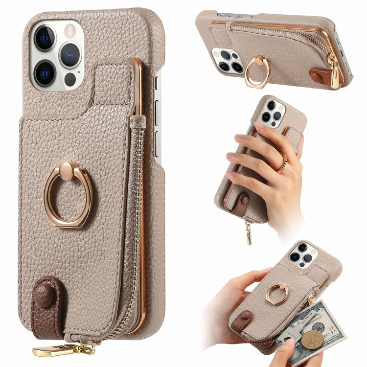 For iPhone 12 Pro Litchi Leather Oil Edge Ring Zipper Wallet Back Phone Case(Khaki) - iPhone 12 / 12 Pro Cases by buy2fix | Online Shopping UK | buy2fix