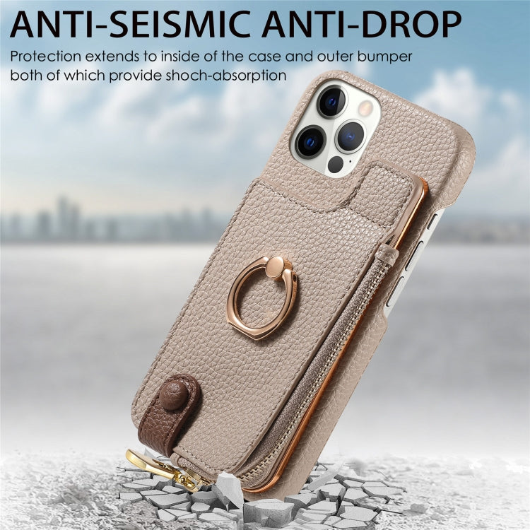 For iPhone 12 Pro Litchi Leather Oil Edge Ring Zipper Wallet Back Phone Case(Khaki) - iPhone 12 / 12 Pro Cases by buy2fix | Online Shopping UK | buy2fix