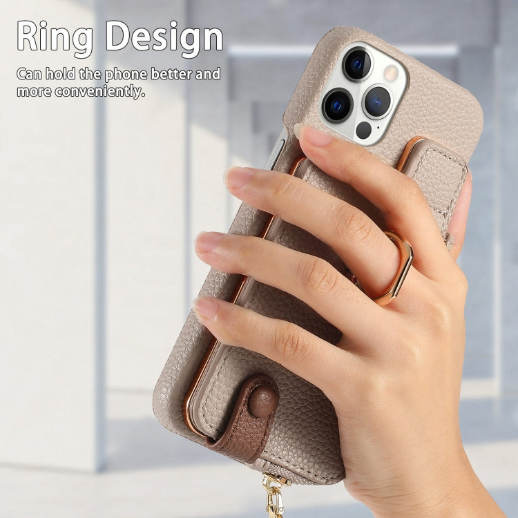 For iPhone 12 Pro Litchi Leather Oil Edge Ring Zipper Wallet Back Phone Case(Khaki) - iPhone 12 / 12 Pro Cases by buy2fix | Online Shopping UK | buy2fix