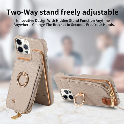 For iPhone 12 Pro Litchi Leather Oil Edge Ring Zipper Wallet Back Phone Case(Khaki) - iPhone 12 / 12 Pro Cases by buy2fix | Online Shopping UK | buy2fix