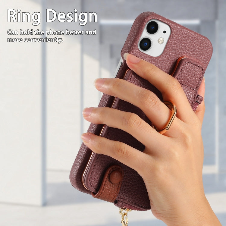 For iPhone 12 Litchi Leather Oil Edge Ring Zipper Wallet Back Phone Case(Jujube Apricot) - iPhone 12 / 12 Pro Cases by buy2fix | Online Shopping UK | buy2fix