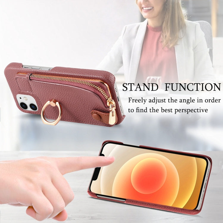 For iPhone 12 Litchi Leather Oil Edge Ring Zipper Wallet Back Phone Case(Jujube Apricot) - iPhone 12 / 12 Pro Cases by buy2fix | Online Shopping UK | buy2fix