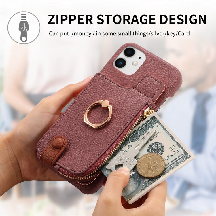 For iPhone 12 Litchi Leather Oil Edge Ring Zipper Wallet Back Phone Case(Jujube Apricot) - iPhone 12 / 12 Pro Cases by buy2fix | Online Shopping UK | buy2fix