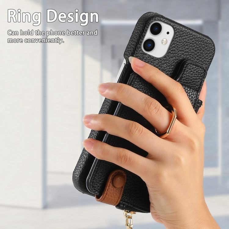 For iPhone 12 Litchi Leather Oil Edge Ring Zipper Wallet Back Phone Case(Black) - iPhone 12 / 12 Pro Cases by buy2fix | Online Shopping UK | buy2fix