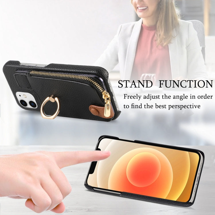 For iPhone 12 Litchi Leather Oil Edge Ring Zipper Wallet Back Phone Case(Black) - iPhone 12 / 12 Pro Cases by buy2fix | Online Shopping UK | buy2fix