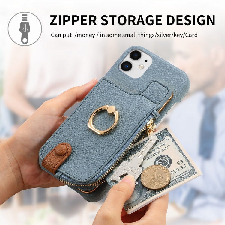 For iPhone 12 Litchi Leather Oil Edge Ring Zipper Wallet Back Phone Case(Light Blue) - iPhone 12 / 12 Pro Cases by buy2fix | Online Shopping UK | buy2fix