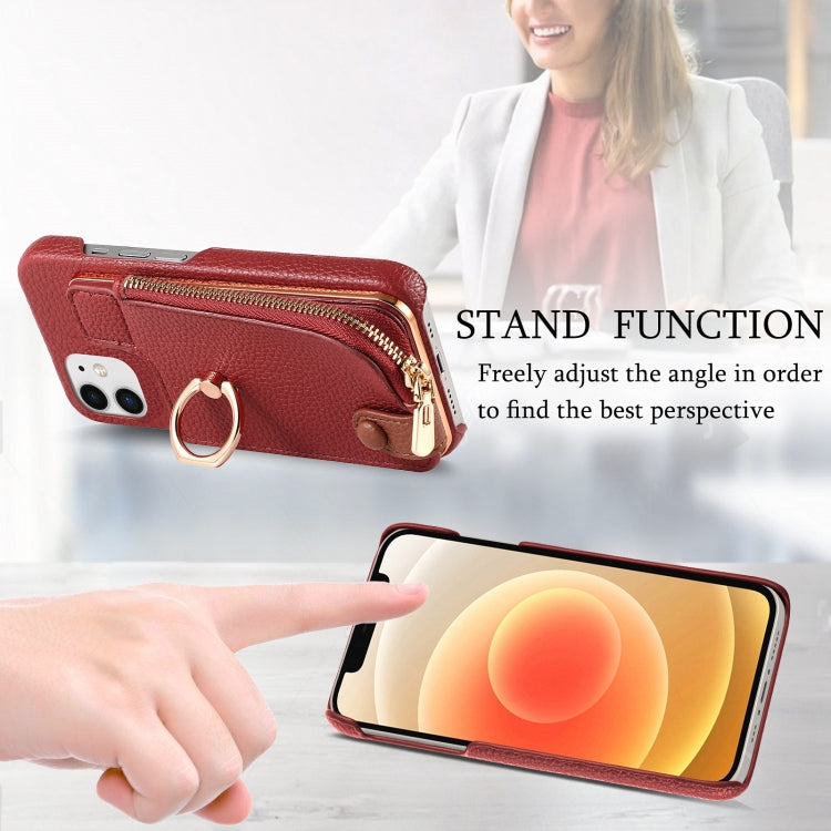 For iPhone 12 Litchi Leather Oil Edge Ring Zipper Wallet Back Phone Case(Red) - iPhone 12 / 12 Pro Cases by buy2fix | Online Shopping UK | buy2fix