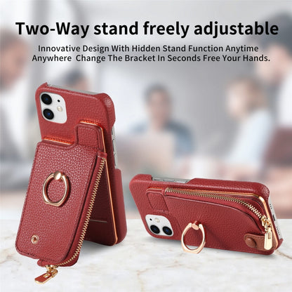 For iPhone 12 Litchi Leather Oil Edge Ring Zipper Wallet Back Phone Case(Red) - iPhone 12 / 12 Pro Cases by buy2fix | Online Shopping UK | buy2fix