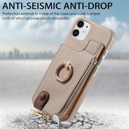 For iPhone 12 Litchi Leather Oil Edge Ring Zipper Wallet Back Phone Case(Khaki) - iPhone 12 / 12 Pro Cases by buy2fix | Online Shopping UK | buy2fix