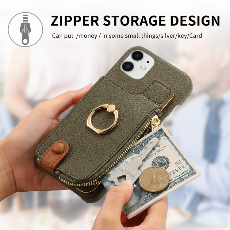 For iPhone 12 Litchi Leather Oil Edge Ring Zipper Wallet Back Phone Case(Green) - iPhone 12 / 12 Pro Cases by buy2fix | Online Shopping UK | buy2fix