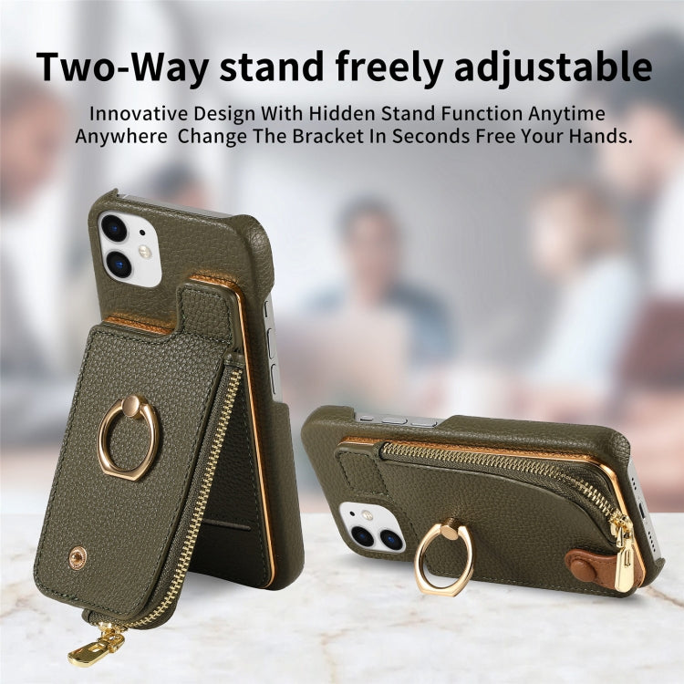 For iPhone 12 Litchi Leather Oil Edge Ring Zipper Wallet Back Phone Case(Green) - iPhone 12 / 12 Pro Cases by buy2fix | Online Shopping UK | buy2fix