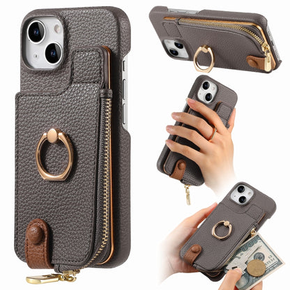 For iPhone 13 mini Litchi Leather Oil Edge Ring Zipper Wallet Back Phone Case(Grey) - iPhone 13 mini Cases by buy2fix | Online Shopping UK | buy2fix