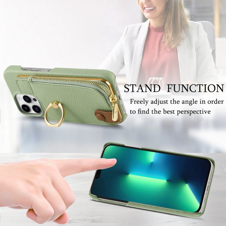 For iPhone 13 Pro Max Litchi Leather Oil Edge Ring Zipper Wallet Back Phone Case(Tea Green) - iPhone 13 Pro Max Cases by buy2fix | Online Shopping UK | buy2fix