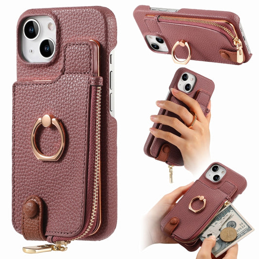For iPhone 13 Litchi Leather Oil Edge Ring Zipper Wallet Back Phone Case(Jujube Apricot) - iPhone 13 Cases by buy2fix | Online Shopping UK | buy2fix