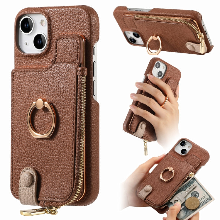 For iPhone 13 Litchi Leather Oil Edge Ring Zipper Wallet Back Phone Case(Brown) - iPhone 13 Cases by buy2fix | Online Shopping UK | buy2fix