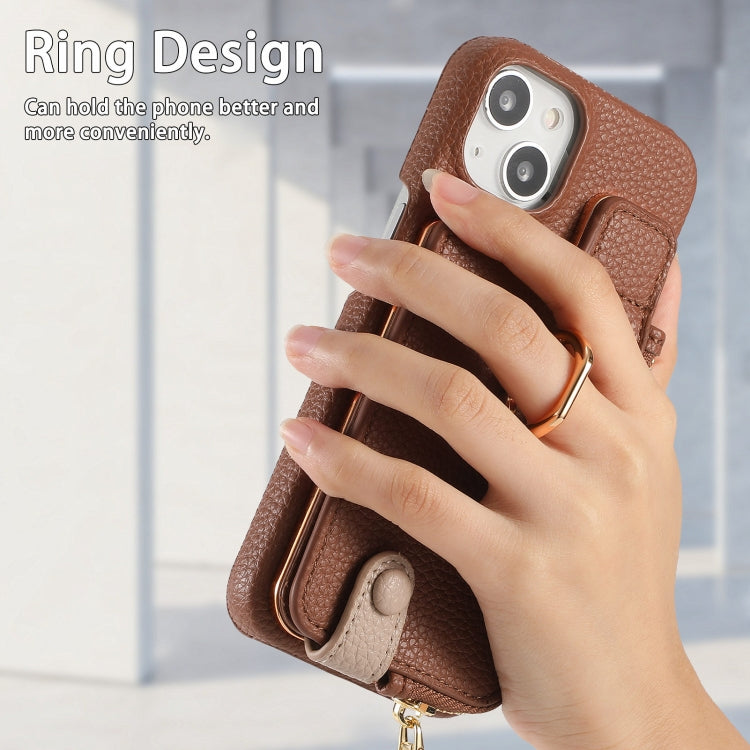 For iPhone 13 Litchi Leather Oil Edge Ring Zipper Wallet Back Phone Case(Brown) - iPhone 13 Cases by buy2fix | Online Shopping UK | buy2fix