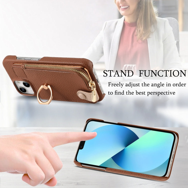 For iPhone 13 Litchi Leather Oil Edge Ring Zipper Wallet Back Phone Case(Brown) - iPhone 13 Cases by buy2fix | Online Shopping UK | buy2fix