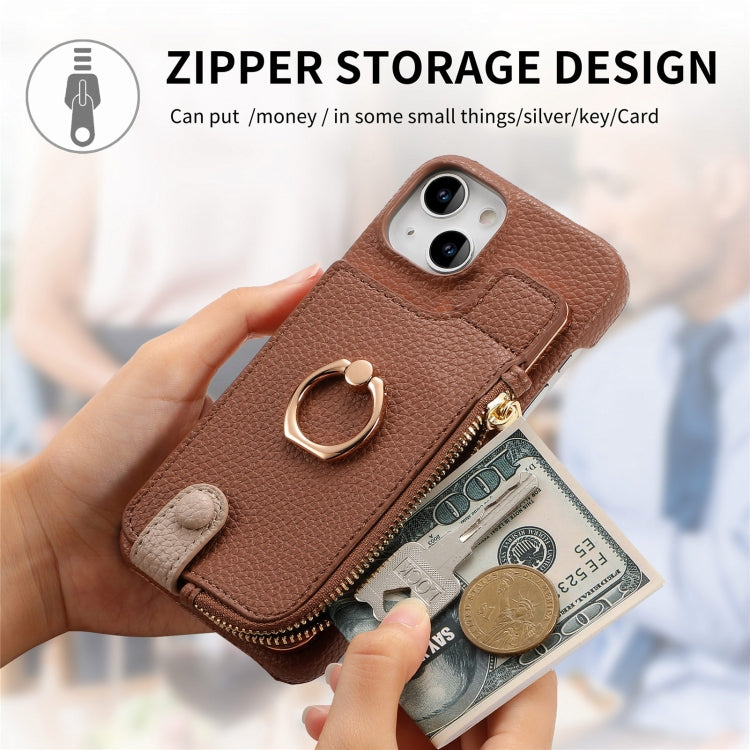 For iPhone 13 Litchi Leather Oil Edge Ring Zipper Wallet Back Phone Case(Brown) - iPhone 13 Cases by buy2fix | Online Shopping UK | buy2fix