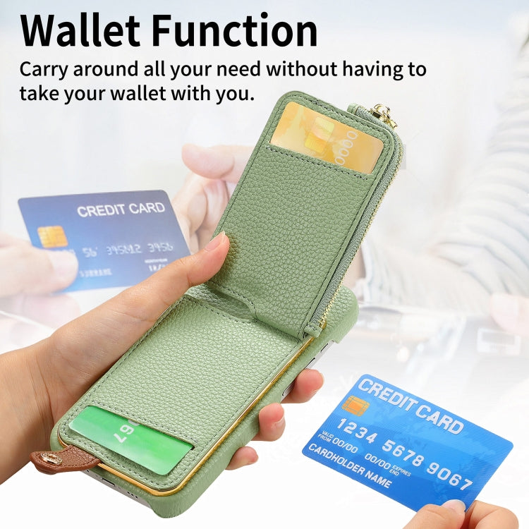 For iPhone 14 Plus Litchi Leather Oil Edge Ring Zipper Wallet Back Phone Case(Tea Green) - iPhone 14 Plus Cases by buy2fix | Online Shopping UK | buy2fix