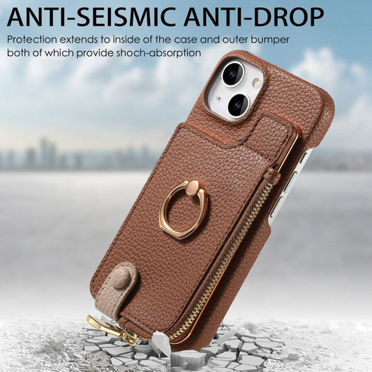 For iPhone 14 Plus Litchi Leather Oil Edge Ring Zipper Wallet Back Phone Case(Brown) - iPhone 14 Plus Cases by buy2fix | Online Shopping UK | buy2fix