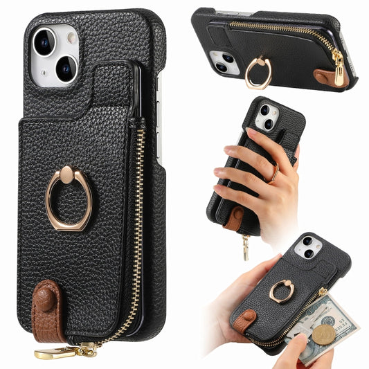 For iPhone 14 Plus Litchi Leather Oil Edge Ring Zipper Wallet Back Phone Case(Black) - iPhone 14 Plus Cases by buy2fix | Online Shopping UK | buy2fix