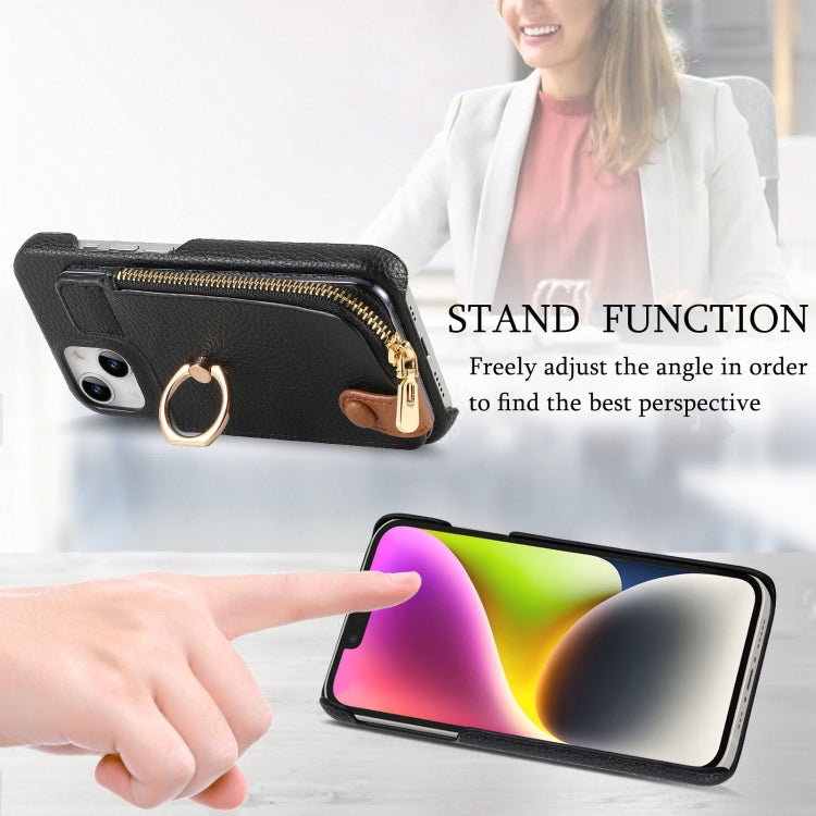 For iPhone 14 Plus Litchi Leather Oil Edge Ring Zipper Wallet Back Phone Case(Black) - iPhone 14 Plus Cases by buy2fix | Online Shopping UK | buy2fix