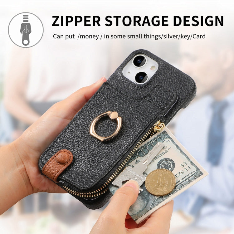 For iPhone 14 Plus Litchi Leather Oil Edge Ring Zipper Wallet Back Phone Case(Black) - iPhone 14 Plus Cases by buy2fix | Online Shopping UK | buy2fix