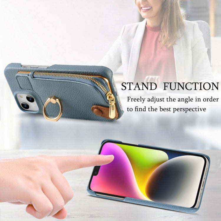 For iPhone 14 Plus Litchi Leather Oil Edge Ring Zipper Wallet Back Phone Case(Light Blue) - iPhone 14 Plus Cases by buy2fix | Online Shopping UK | buy2fix