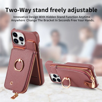 For iPhone 14 Pro Litchi Leather Oil Edge Ring Zipper Wallet Back Phone Case(Jujube Apricot) - iPhone 14 Pro Cases by buy2fix | Online Shopping UK | buy2fix